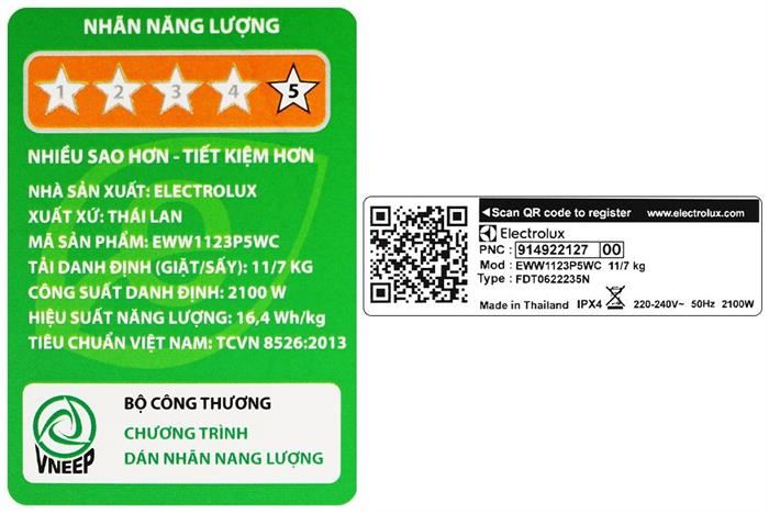 Máy Giặt Sấy Electrolux Inverter Giặt 11Kg Sấy 7Kg EWW1123P5WC&nbsp;